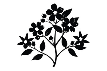 Naklejka premium Stylized Floral Arrangement Featuring Blossoming Flowers, Buds, Leaves, and Branch Silhouette Illustration