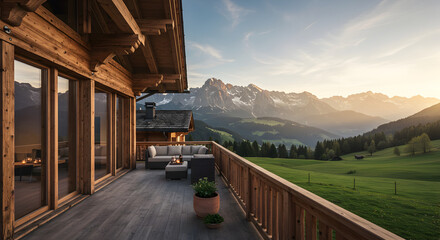 Luxury Chalet Balcony Overlooking Majestic Alpine Peaks At Sunrise