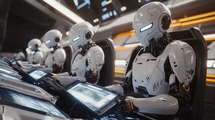Futuristic robots operate at computers in a high-tech control room, focused, white armor