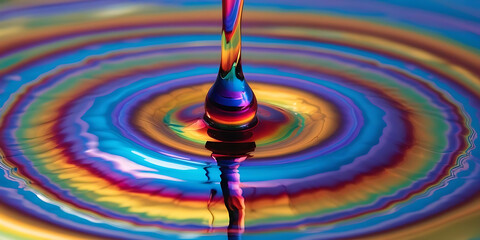 A radiant droplet sends rainbow ripples across a shimmering, iridescent surface.
