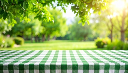 A garden party-inspired product shoot background featuring a charming gingham tablecloth in the foreground, evoking a relaxed and festive outdoor atmosphere