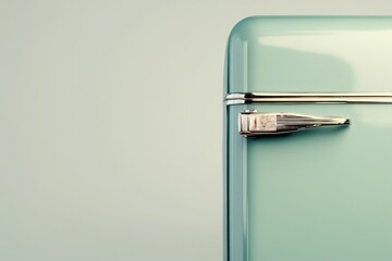 A close-up view of a vintage pastel green refrigerator's door handle and corner.