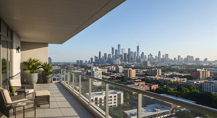 Panoramic City View From High Rise Apartment With Patio Seating