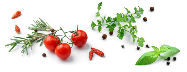 Fresh green herbs, tomatoes and spices isolated on white background. Basil leaf, bay leaf, black pepper, rosemary, cardamom, cilantro, garlic, top view