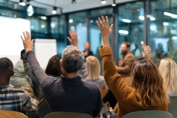 Back view of diverse business people raising their hands to Gabi, while sitting in chairs during a training