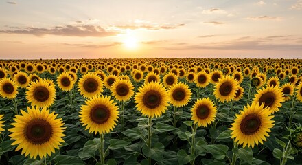 Obraz premium Sunflowers Field at Sunset Golden Hour Blooming Flowers in Agricultural Landscape Beauty in Nature Scenic View Peaceful Tranquility Harvest Time Farming