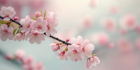 Blossoming cherry tree branches in a soft focus setting during springtime in a serene landscape garden