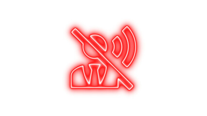Neon icon of a person with a crossed-out sound wave, symbolizing silence or no sound, Neon account tie voice off icon glow with transparent background