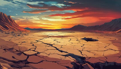 Fictional illustration of a cracked desert landscape with a dried lakebed under a vivid sunset sky. A symbolic scene representing climate change, global warming, and extreme weather