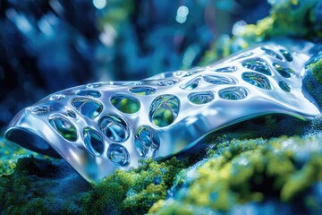 A metallic, biomorphic structure with intricate perforations rests on a mossy surface, evoking futuristic design and natural forms.