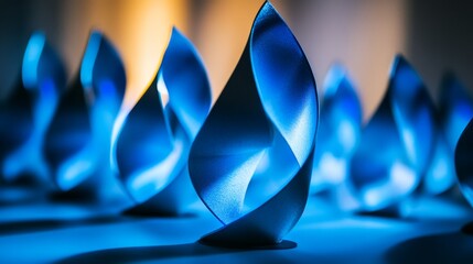Celebrating excellence a series of blue awards displayed on a table in an elegant venue