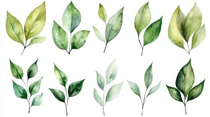 Capturing the elegance of watercolor green leaves in nature's canvas botanical art peaceful environment aesthetic viewpoint artistic concept