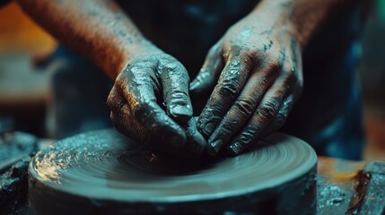Close-up view of hands shaping clay on a potter's wheel.