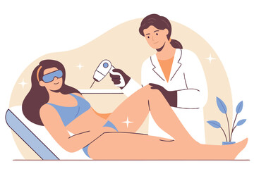 Obraz premium Woman undergoing laser hair removal at clinic, beauty procedure, dermatology treatment, vector illustration