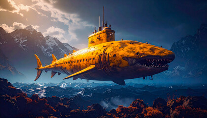 A yellow vintage submarine in the shape of a shark