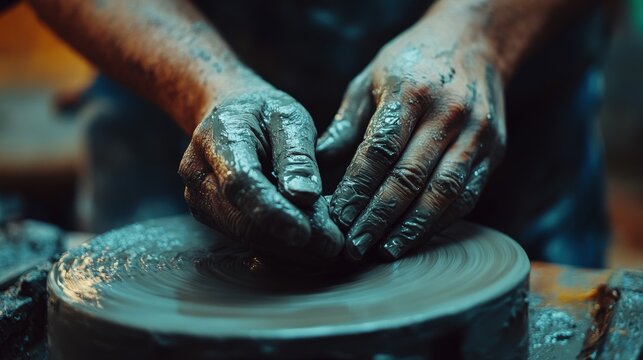 Close-up view of hands shaping clay on a potter's wheel.