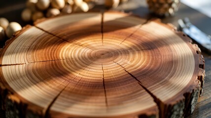 Beech wood texture cross-section showing concentric growth rings in warm honey tones with natural light highlighting detailed grain pattern
