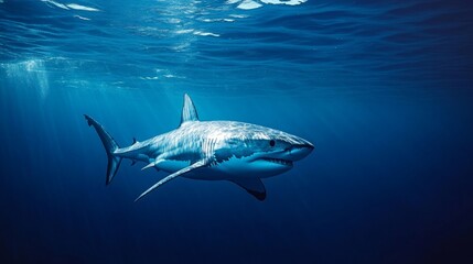 Shark patrolling the deep ocean marine life image underwater side view sleek body in motion