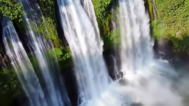 Cascading waterfall landscape with lush green foliage. Multiple streams of water falling over rocky cliffs creating a beautiful natural scene, cinematic nature footage.