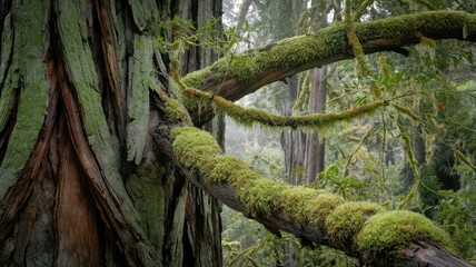 Redwood forest moss covering ancient branches in foggy woodland, vibrant green growth on weathered tree limbs