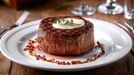 Filet mignon crowned with melting herb butter on elegant white plate, caramelized sear marks, surrounded by reduction sauce, premium restaurant presentation