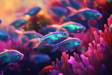 Naklejka premium Vibrant iridescent fish swim in a coral reef, showcasing their bright, colorful scales and fins.