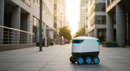 Autonomous robot navigating modern urban street at sunrise