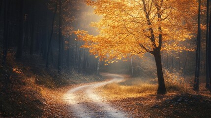 Obraz premium Walking along a serene path with a single golden-leaved tree in nature's tranquil landscape