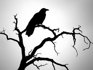 Raven on barren branch silhouette