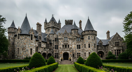 Fototapeta premium Magnificent Stone Castle Surrounded By Greenery On An Overcast Day