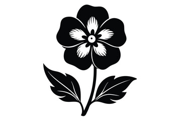 Stylized Black and White Flower Illustration with Two Leaves and Detailed Inner Petals