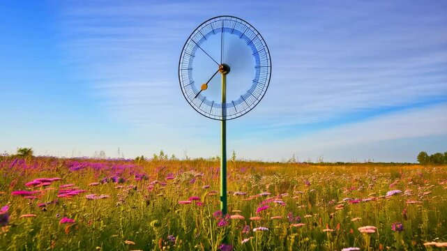 Rotating clock standing in a vibrant flowering field with blue sky, time passing concept with flowers, day time, bright colors, abstract, outdoors.
