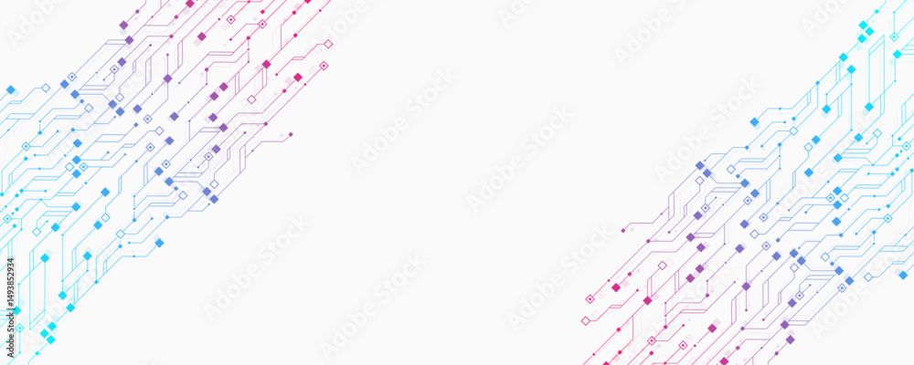 Poster Artificial Intelligence or machine learning vector design. Quantum computer technology concept with circuit board and motherboard texture background design. Waves flow quantum explosion