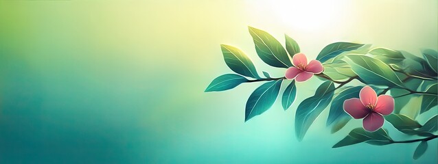 Beautiful pink flowers blooming on a branch with fresh green leaves in the spring season