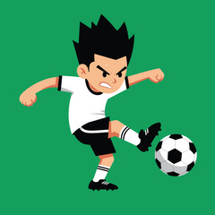 Fototapeta premium Boy playing soccer with intense focus kicking ball on green field in dynamic pose vector illustration 