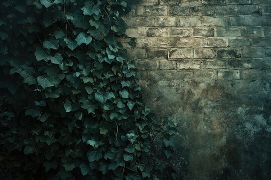 Lush green ivy climbs a weathered brick wall, creating a moody, textured backdrop.