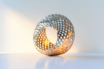 A modern, spherical metal sculpture with a circular opening, illuminated from within, creates a captivating interplay of light and shadow.