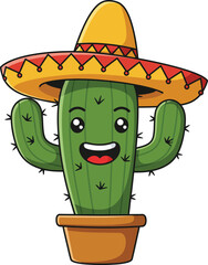 Happy green cactus character wearing yellow and red sombrero hat in brown pot vector illustration 