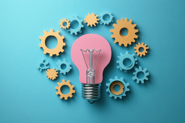 Light bulb surrounded by gears, symbolizing innovation and progress.