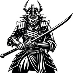 Samurai warrior poses fiercely with a sword, showcasing traditional armor in a dynamic stance Generative AI