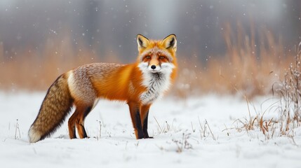 Solitary red fox in a snowy field wildlife photography winter landscape natural environment close-up view serenity and solitude