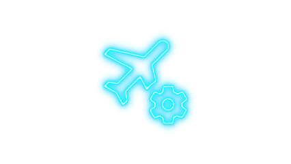 Neon icon of an airplane with a gear symbol, representing aviation technology, Neon airplane cog icon glow with transparent background