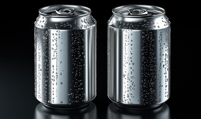 Two sleek, metallic cans, condensation droplets adorn their surfaces, reflecting light against dark background