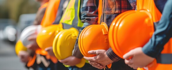 The diverse lineup of workers showcasing safety helmets in a construction setting.