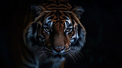 Naklejka premium Tiger's sharp eyes glowing in the dark jungle night wildlife photography mysterious environment close-up alertness and beauty