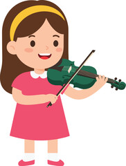 Girl playing green violin in pink dress enjoying music with happy expression vector illustration 