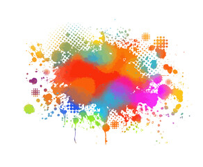 Bright colorful watercolor stain splash splatter brush stroke on white background. Modern vibrant aquarelle spot. Decorative trendy isolated design on white. hand drawn. Not AI. Vector illustration