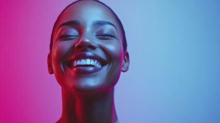 Radiant Asian Woman Smiling with Eyes Closed Under Pink and Blue Lighting