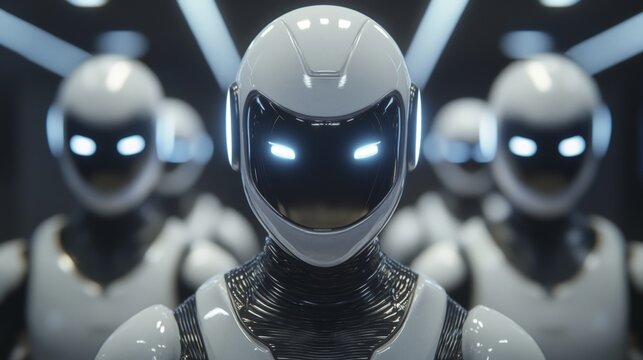 Futuristic white robots with glowing eyes in formation
