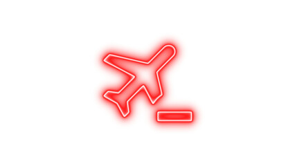 Neon airplane icon, symbolizing travel or aviation, Neon airplane minus icon glow with transparent background